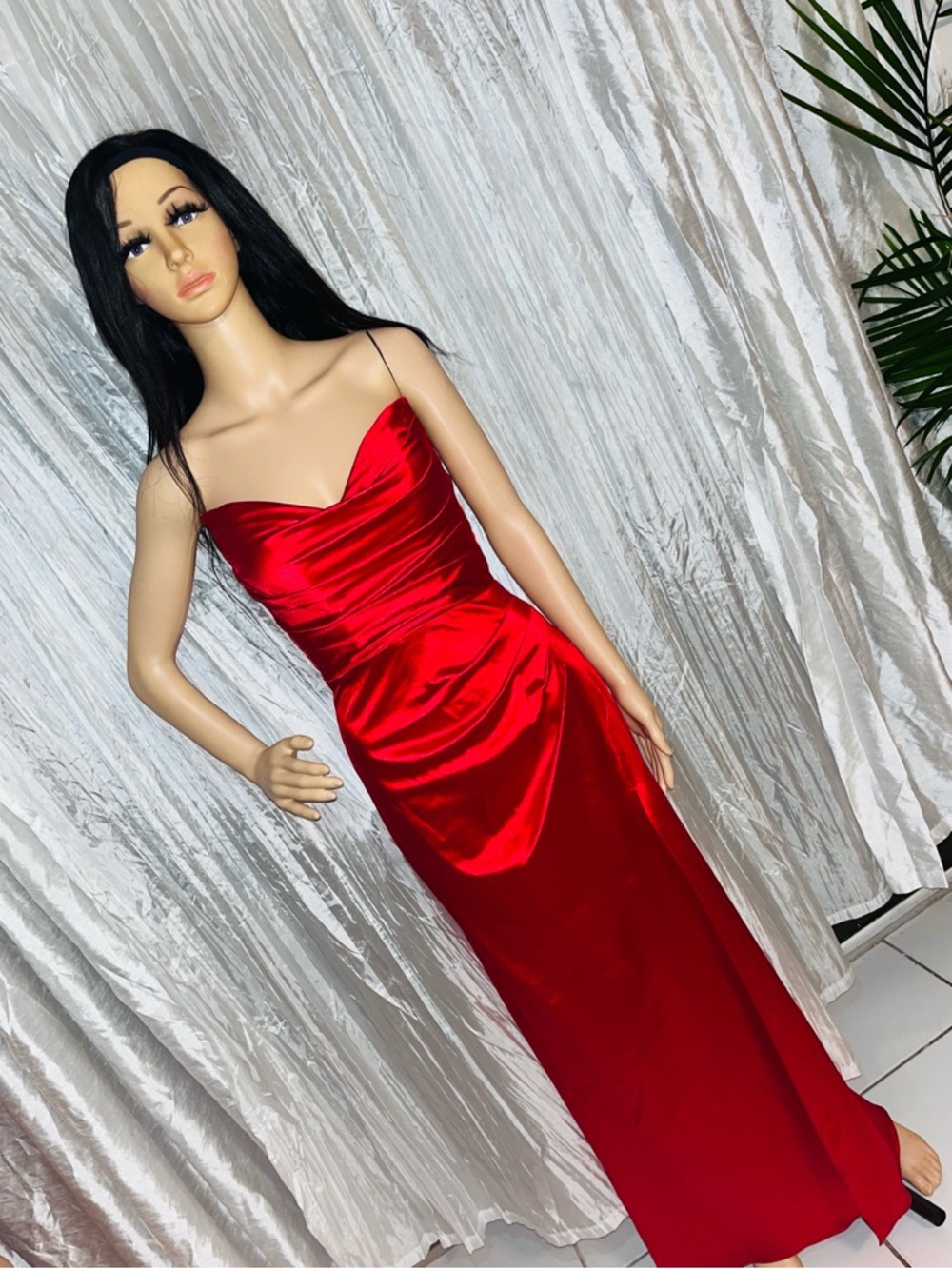 Red Satin Strapless Evening Gown